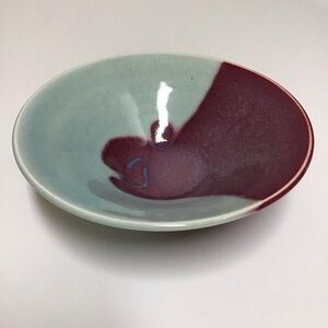 Studio Pottery Bowl SIGNED Ceramics Aqua Purple Gloss Abstract 8” Asian Handmade